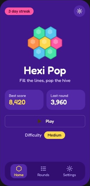 Home screen with a 3 day streak, best score, last round and a Play button