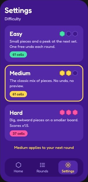 Settings showing the Easy, Medium and Hard difficulty cards